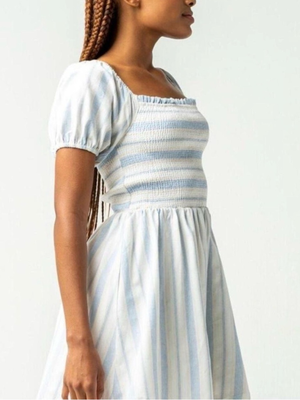 Lost + Wander Light Blue and White Striped Smocked Mini Dress